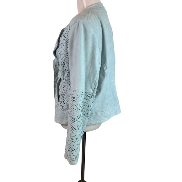 🟣🟣🟣 CHICOS Womens Size 1 Petite Blue Floral Padded Shoulder Zip-Up Sweater - Picture 2 of 9